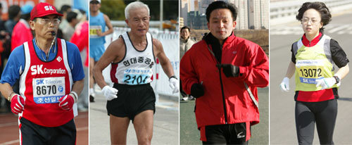 겸손과 도전의 마라톤 정신을 배우면 어떠한 난관도 극복할 수 있다. 서울국제마라톤대회에 참가하는 신헌철 SK 사장, 민계식 현대중공업 부회장, 원희룡 한나라당 의원, 배우 이혜은 씨(왼쪽부터). 동아일보 자료 사진