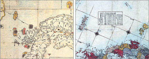 1700년에 제작된 일본여지도(왼쪽)와 1779년에 제작된 일본여지노정전도. 일본여지도에는 대마도를 포함한 일본의 전 영토가 그려져 있지만 독도는 눈에 띄지 않는다. 왼쪽에 경상도의 일부가 보이며 조선 영토는 해안선을 따라 노랗게 칠하는 등 색칠 방식이 다르다. 일본여지노정전도의 경우 지도 왼쪽 위에 ‘조선’이라고 쓰인 한반도의 일부가 희게 표시돼 있고, 오른쪽 위에 있는 독도와 울릉도 역시 흰색이다. 반면 아래쪽의 일본 영토와 대마도는 다양한 색깔로 색칠돼 있다. 사진 제공 연세대 동서문제연구원