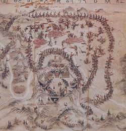 1588년 1월 여진족 토벌전이었던 ‘시전부락 전투’ 실황을 그린 ‘장양공정토시전부호도’. 아랫부분에 참전장수들의 명단이 실렸다.사진 제공 송우혜 씨
