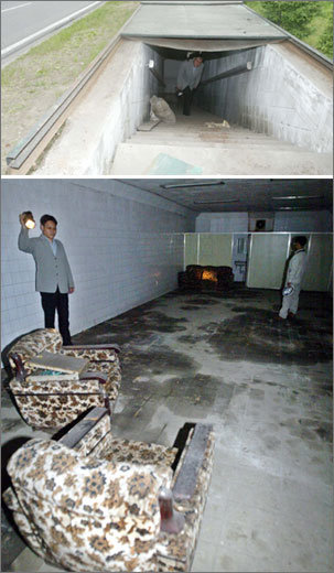 서울 여의도 지하에서 발견된 180평 규모의 지하 벙커. 여의대로 중앙 화단에서 벙커로 내려가는 계단(위)과 벙커 내부에 있는 두 개의 방 중 20평 규모인 작은 방의 모습(아래). 안철민