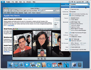 애플컴퓨터의 새로운 운영체제인 타이거는 강력한 검색 기능이 특징. ‘스포트라이트’의 검색창에 ‘yosemite’라고 치자 이 단어가 포함된 모든 파일이 화면에 떴다(오른쪽 위). 4명이 동시에 얼굴을 보며 채팅을 할 수도 있다. 사진 제공 애플컴퓨터