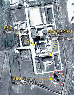 北 영변 핵시설미국 과학국제안보연구소(ISIS)가 지난달 인터넷 홈페이지를 통해 공개한 북한 영변의 5MW 원자로 위성사진. 북한은 11일 이 원자로에서 8000개의 폐연료봉을 꺼내는 작업을 끝냈다고 밝혔다. 동아일보 자료 사진