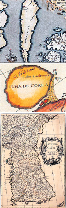 1737년 당빌의 ‘조선왕국전도’(아래)가 나오기 전 서양 고지도들은 우리나라를 길쭉한 섬(1595년 테이세이라와 오르텔리우스 제작·위)이나 둥근 섬(1596년 랑그렌 제작)으로 나타냈다. 사진 제공 경희대 혜정박물관