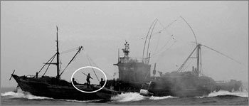 어처구니없는 상황서해 연평도 앞에서 불법 조업을 하던 중국 선원들이 17일 단속하는 한국 해경에게 쇠파이프를 휘두르며 저항하는 모습(원 안). 중국 선원들은 쇠파이프에 맞은 해경을 바다에 던졌다. 사진 제공 인천해양경찰서