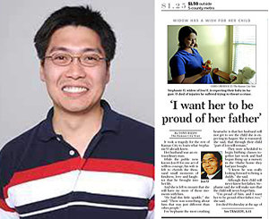 소매치기를 붙잡으려다가 부상해 끝내 숨진 재미교포 조너선 우 씨(왼쪽)와 그의 사연을 1면 머리기사로 보도한 ‘캔자스시티 스타’ 12일자(오른쪽). 이 신문은 8월 출산을 앞두고 있는 우 씨의 미국인 부인 사진과 함께 “나는 태어날 아기가 아빠를 자랑스러워하기 바란다”는 그녀의 말을 제목으로 실었다.