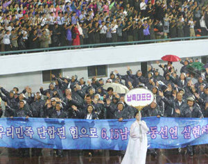 남측 대표단 입장6·15남북공동선언 5주년 기념 통일대축전에 참가한 남측 민간대표단이 14일 오후 평양 김일성경기장에서 열린 개막식에 입장하고 있다. 평양=사진공동취재단