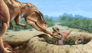 대형 육식공룡으로 알려진 티라노사우루스 어미가 털난 새끼에게 먹이를 주고 있다.새끼 때의 깃털은 어미가 되면서 빠진다. 사진 제공 이융남 박사