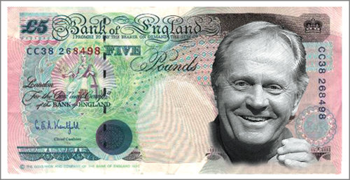 영국 5파운드 지폐 도안 인물로 선정된 골프계의 ‘황금 곰’ 잭 니클로스의 사진과 5파운드 지폐를 합성한 모습. 동아일보 그래픽
