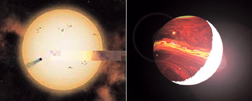 항성을 지나는 행성 상상도(왼쪽). 검은 점으로 표시된 것이 행성이다. 오른쪽은 행성의 상상도. 사진 제공 일본국립천문대
