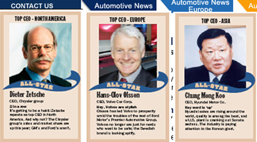 미국의 자동차 전문 주간지 오토모티브 뉴스는 최근호에서 정몽구 현대·기아자동차그룹 회장(오른쪽)과 디터 제체 크라이슬러 회장(왼쪽), 한스 오로브 올슨 볼보 회장을 각각 아시아, 북미, 유럽지역을 대표하는 ‘2005년 자동차업계 톱 CEO’로 선정했다고 밝혔다. 사진 제공 오토모티브 뉴스