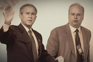 미국 공화당 최고의 콤비로 통하는 조지 W 부시 대통령(왼쪽)과 칼 로브 백악관 비서실 차장. 하지만 로브 차장이 리크게이트의 정보 누설자로 지목되면서 두 사람의 관계는 위기를 맞고 있다. 사진 제공 EBS