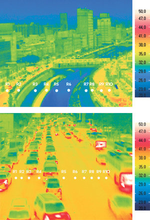 7월 27일 오후 2시 서울 청계천에 물을 흘린 뒤 청계8가(왼쪽)와 400m 떨어진 신설동 왕산로를 열화상측정카메라로 각각 찍은 사진. 사진에서 R1∼R10 등은 측정 지점 10곳. 청계8가와 왕산로 10곳의 측정 지점 기온을 평균한 결과 청계8가가 평균 32.7도인 반면 왕산로는 36.3도로 나타났다. 가운데의 숫자와 색깔은 각각 기온을 표시한 것이다. 사진 제공 서울시정개발연구원