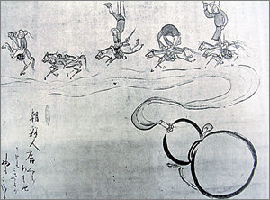 일본 하쿠인 선사가 조선통신사 일행 중 마상곡예사를 묘사한 그림.
