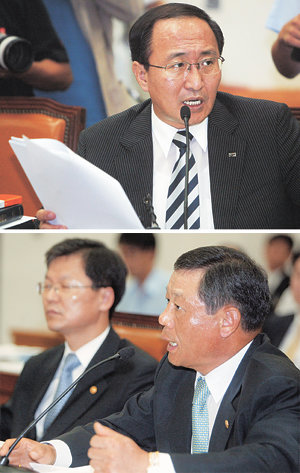 공방민주노동당 노회찬 의원(위)이 18일 국회 법제사법위원회에서 국가안전기획부의 도청 테이프에 삼성그룹이 떡값을 줄 대상으로 거론된 전·현직 검찰 간부 7명의 실명을 공개하고 엄정한 조사를 촉구하고 있다. 여기에 포함된 것으로 알려진 김상희 법무부 차관(아래)은 삼성그룹에서 돈을 받은 사실을 부인했다. 김경제 기자