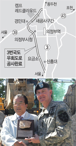 23일 미 2사단 히긴스 소장(오른쪽)이 부대 담장을 허문 뒤 김문원 의정부시장에게 기념패를 전달하고 있다. 의정부=연합