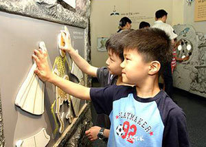 서울 송파구 신천동 삼성어린이박물관의 ‘박쥐의 세계’ 전시관을 찾은 어린이들이 박쥐와 인간의 골격 구조 모형을 만져보고 있다. 사진 제공 삼성어린이박물관