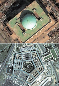 국회의사당-美펜타곤도 손바닥처럼미국 검색 포털사이트 구글의 인터넷 지도 검색에 나타난 국회의사당(위쪽). 국회의사당은 물론 청와대, 주요 군사시설까지 올라 있다. 오른쪽은 ‘펜타곤’으로 불리는 오각형의 미국 국방부 건물.