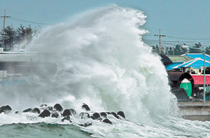 나비가 몰고온 집채만 한 파도제주도가 초대형 태풍 ‘나비’의 간접 영향권에 들어간 5일 북제주군 구좌읍 월정리 방파제에 집채만 한 파도가 일고 있다. 중앙재난안전대책본부는 이날 낮 12시부터 부산, 울산, 전남, 경남북, 제주 지역에 태풍 재난 위기 경보 ‘주의(옐로)’ 단계를 발령하고 철저한 대비를 당부했다. 이들 지역에는 최고 200mm 이상의 많은 비가 내리고 강풍이 몰아칠 것으로 예상된다. 북제주=연합뉴스