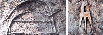 광주 신창동 저습지에서 출토된 소쿠리(왼쪽)과 괭이