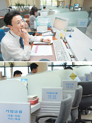 15일 오후 경기 안산시 반월·시화공단 부근에 있는 기업은행 안산중앙기업금융지점의 기업금융 창구. 추석을 앞두고도 대출 고객이 없어 직원들만 자리를 지키고 있다. 안산=김미옥 기자