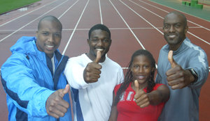 대구국제육상대회에 참가하는 미국 육상스타들이 21일 대구월드컵경기장에서 몸을 풀었다. 왼쪽부터 남자 100m 레너드 스콧, 저스틴 게이틀린, 여자 100m 로린 윌리엄스, 남자 110m 허들 앨런 존슨. 사진 제공 대한육상경기연맹