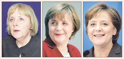 “헤어스타일도 전략” 메르켈의 변신“‘콜의 소녀’에서 ‘신데렐라’로.” 독일 차기 총리로 내정된 앙겔라 메르켈 기민련 당수의 변신을 독일 신문들은 이렇게 표현했다. 정계 입문 뒤 줄곧 ‘바가지 머리+정장 투피스’(왼쪽·2001년)를 고집해 ‘촌티를 벗지 못했다’는 평을 받았던 메르켈 당수. 조금씩 변신을 시도하더니(가운데·2005년 1월) 총선 기간 중에는 강인하면서도 세련된 커트 머리와 화려한 옷차림으로 유권자들을 깜짝 놀라게 했다. 동아일보 자료 사진