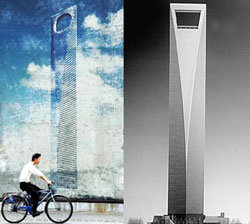 중국 상하이 세계금융센터의 디자인이 반일감정 때문에 바뀌었다. 본래 둥근 구멍의 디자인(왼쪽 조감도)이었으나 일장기를 닮았다 하여 사각형으로 바뀌었다. 상하이=연합뉴스