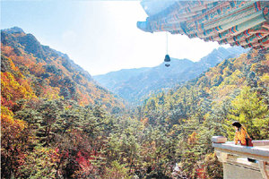 묘향산의 가을묘향천이 흐르는 계곡의 산등성을 곱게 물들인 묘향산의 단풍. 가을 바람에 뎅그렁거리는 국제친선전람관 처마의 풍경 소리만큼 그윽하다.