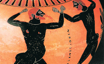 고대 그리스의 권투 선수가 주먹을 가죽줄로 감고 싸우는 모습. 기원전 6세기경에 만들어진 그리스 항아리에 그려진 것이다. 아래는 스페인 작가 호세 카를로스 소모사.