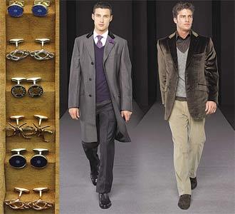 다양한 커프스링크(왼쪽)와 V넥 니트로 코트와 재킷을 캐주얼하게 연출한 남성 패션. 사진 제공 던힐
