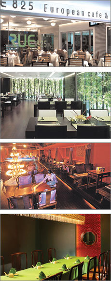 최근 개성 있는 레스토랑들이 주목받고 있다. 유럽식 카페 ‘루825’, 아시안퓨전음식점 ‘아시아떼’, 오리엔탈 바 ‘뭄바’, 중식당 ‘티원’(위부터).