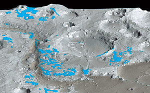 38억 년 전 흐르는 물에 깎여 형성된 화성의 암석지대(푸른색). 유럽의 화성 탐사선 마스 익스프레스가 전송한 영상을 토대로 재조합했다. 사진 제공 유럽우주국