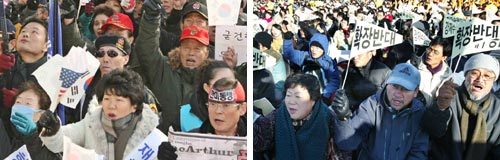 다른 목소리 재향군인회가 11일 오후 경기 평택시 K-55 미군기지 앞에서 ‘평택 미군기지 조성 지지 및 친북 반미세력 규탄 궐기대회’(왼쪽)를 여는 동안 ‘평택 미군기지확장 저지 범국민대책위원회’는 평택역 앞에서 반대 집회를 열었다. 평택=권주훈 기자·홍진환 기자