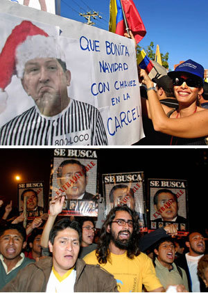 좌파인 우고 차베스 베네수엘라 대통령에 반대해 ‘차베스가 감옥에 가면 크리스마스가 얼마나 멋질까’라는 문구가 적힌 포스터를 흔드는 시위대(위), 우파였던 알베르토 후지모리 전 페루 대통령의 소환을 요구하며 시위를 벌이고 있는 페루 시민들. 자유민주주의와 시장경제의 승리가 선포된 지 10년도 지나지 않았지만 세계 도처에서 ‘민주주의의 위기’가 감지되고 있다. 동아일보 자료 사진