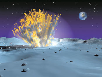 지난해 11월 7일 달의 동북부 ‘비의 바다’ 가장자리에서 일어난 폭발의 상상도. 우주를 떠돌던 어른 주먹만 한 물체가 달에 충돌해 지름 3m의 구덩이를 만들었던 것으로 추정된다. 사진 제공 NASA