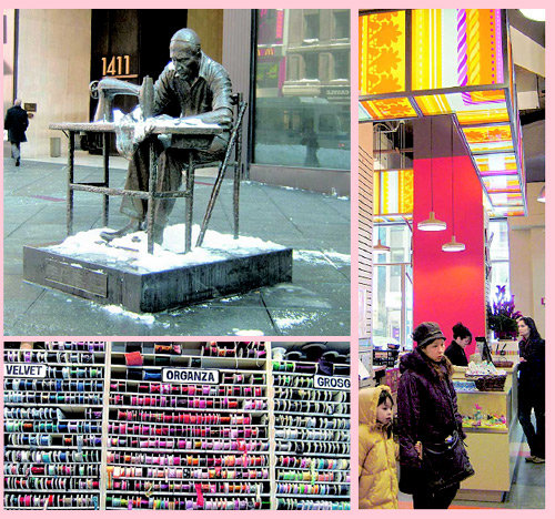 뉴욕 ‘패션의 거리’의 상징물인 재봉틀을 돌리는 사람의 동상과 원단 등을 파는 상점, 다양한 색상의 실이 진열된 상점(왼쪽 위부터 시계 방향).