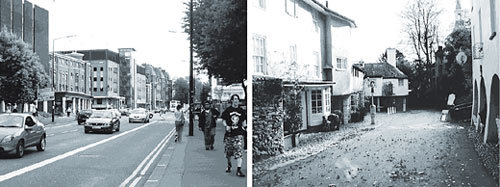 영국 맨체스터 옥스퍼드 거리(왼쪽)와 포트메이리언의 한 골목길. 맨체스터대 학생들은 단조로운 맨체스터에서보다 아기자기한 포트메이리언에서 거리를 2배가량 더 길게 판단한 것으로 나타났다. 사진 제공 맨체스터대