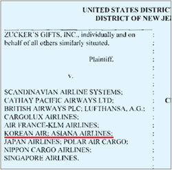 주커스 기프트사가 2일 전 세계 13개 항공사를 상대로 제기한 화물요금 담합에 따른 손해배상 소송 소장의 첫 페이지. 피고 명단 여섯 번째 줄에 대한항공과 아시아나항공이 들어 있다.