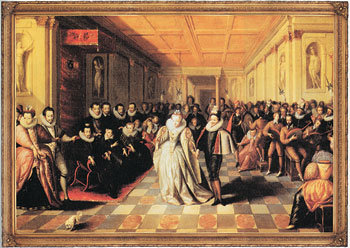 프랑스 앙리3세 처제의 결혼식 후 파티 모습을 그린 ‘루브르에서의 무도회’(1581년 작). 난방시설이 불충분했던 당시 궁정에서는 난방이 되는 공주의 방에 시종을 포함해 50명 남짓한 남녀가 혼숙했다고 한다. 사진 제공 지안