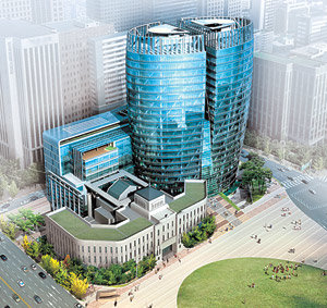 서울시청 본관 건물 옆의 도자기 모양 건물이 2009년 완공될 새 청사다. 서울시가 공개한 조감도.