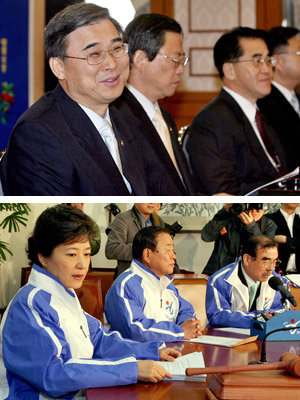 희색 vs 심각 25일 국회에서 열린 통일 당정협의에서 이종석 통일부 장관(위 사진 왼쪽)이 김대중 전 대통령의 6월 방북에 합의한 제18차 남북 장관급회담 결과를 보고하면서 활짝 웃고 있다. 비슷한 시간에 열린 한나라당 최고위원회의에서 박근혜 대표(아래 사진 왼쪽)가 이방호 정책위의장의 김 전 대통령 6월 방북 비판을 심각한 표정으로 듣고 있다. 이종승  기자