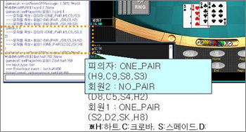 온라인 도박사이트 운영진이 이용한 프로그램. 화면 왼쪽 창에 게임 참가자의 모든 패가 알파벳과 숫자로 표시된다. ‘H9’는 하트 9번, ‘C9’는 클로버 9번이다. 사진 제공 경찰청