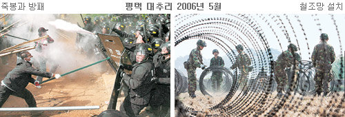 미군기지가 이전될 경기 평택시 팽성읍 대추분교에 대한 강제 퇴거 과정에서 시민단체 회원과 주민이 격렬히 저항해 부상자가 속출했다. 4일 오전 9시 45분경 경찰이 학교 운동장에 진입하자 시위대가 죽봉을 휘두르며 맞서고 있다(왼쪽 사진). 군 공병대는 오전 9시부터 헬기로 나른 철조망을 기지 이전 예정지 주변에 이중으로 둘러쳤다. 평택=이훈구 기자·홍진환 기자