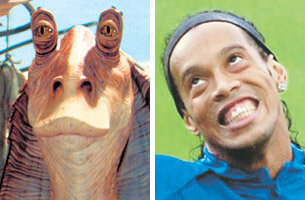 독일 일간지 ‘디벨트’가 호나우지뉴가 외계인이라는 주장의 증거로 게재한 자자빙스 사진(왼쪽). 오른쪽은 호나우지뉴.