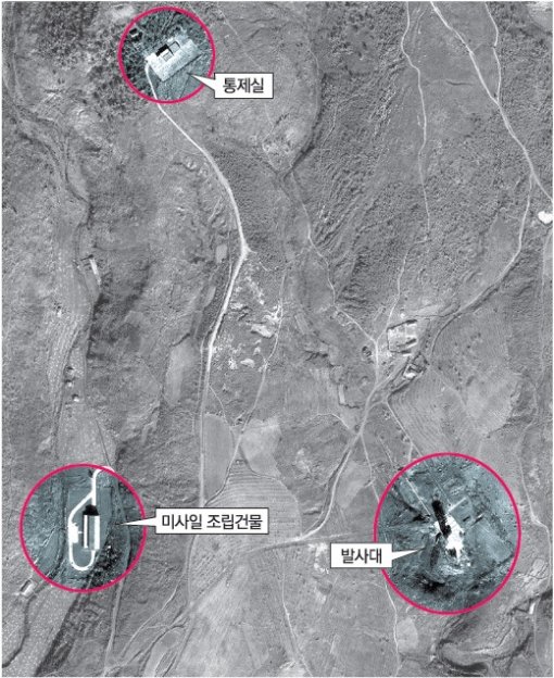 北미사일 발사기지 위성사진  북한이 대포동 2호 또는 대포동 2호 개량형 미사일 시험발사를 준비하고 있다는 징후가 포착된 함경북도 화대군 무수단리의 미사일 발사기지. 1999년 스페이스이미징사의 IKONOS 위성이 촬영한 사진이다. 발사대, 미사일 조립건물, 통제실 등 기지 내 시설들이 뚜렷하게 드러나 있다. 연합뉴스