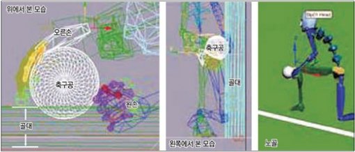 3D그래픽 분석골키퍼 이운재 선수가 공을 막는 당시 상황을 누리꾼들이 3차원 그래픽 프로그램으로 재현해 다양한 각도에서 분석한 화면. 골대 위와 옆에서 재현한 그래픽 자료에 따르면 공이 골라인상에 걸쳐 있는 것으로 보인다(왼쪽부터). 디시인사이드 화면 캡처