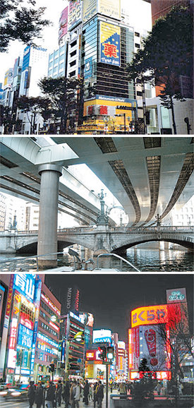품격이 없다는 도쿄의 긴자 거리, 고가고속도로에 가려진 니혼바시, 광고 간판이 빽빽한 신주쿠의 야경(왼쪽부터). 일본 도시계획 전문가들이 선정한 ‘나쁜 경관 100경’에 포함된 곳이다. 사진 제공 일본 아름다운 경관을 창조하는 모임
