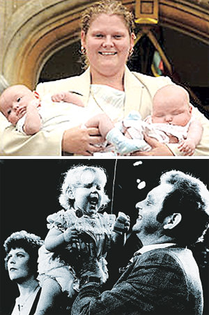 3년 전 다른 부부의 시험관 아기를 안고 있는 루이스 브라운 씨(위)와 어린 시절 아버지 품에 안겨 있는 브라운 씨. 동아일보 자료 사진