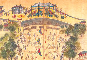 1760년 청계천 준설공사를 기념한 행사를 그린 ‘준천시사열무도’. 영조가 다리 위에서 행사를 지켜보는 이 그림은 서울대 규장각이 소장하고 있다. 사진 제공 서울대 규장각