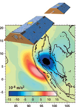 2004년 12월 남아시아를 강타한 지진해일(쓰나미)의 해저 진원지 부근을 쌍둥이 위성 그레이스(위)로 분석한 모습. 1300km에 걸쳐 갈라진 땅(동그라미 부분) 서쪽은 중력이 미세하게 증가했고(빨간색) 동쪽은 같은 값만큼 감소했다(파란색). 사진 제공 한신찬 씨